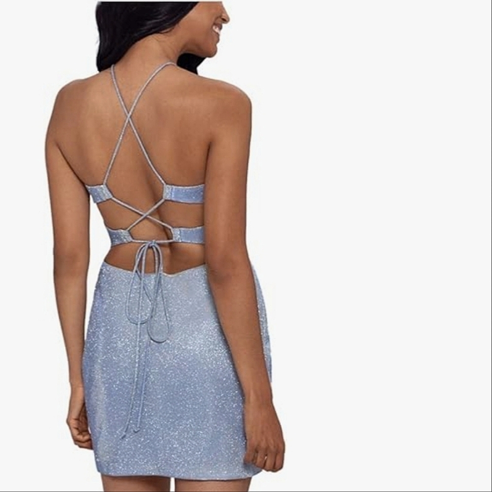 Blondie Nights Juniors' Metallic-Knit Draped Mini Halter Lace Up Dress Sz 13 - Picture 2 of 4